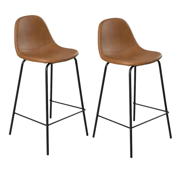 Lot de 2 Chaises de Bar effet couture apparente en métal et tissu marron 41x45x87cm TIM