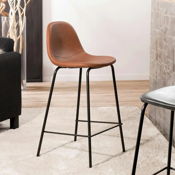 Lot de 2 Chaises de Bar effet couture apparente en métal et tissu marron 41x45x87cm TIM