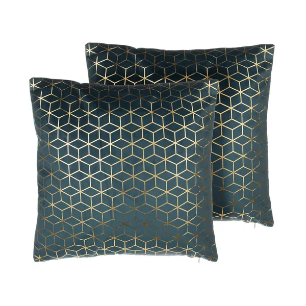 Lot de 2 coussins décoratifs CELOSIA Velours 45 x 45 cm Bleu paon Motif géométrique