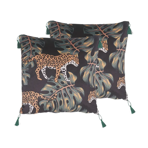 Lot de 2 coussins décoratifs KUHI Velours 45 x 45 cm Noir Motif animal