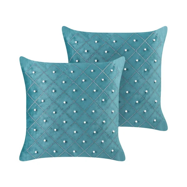 Lot de 2 coussins décoratifs YARROW Velours 45 x 45 cm Bleu paon Motif géométrique
