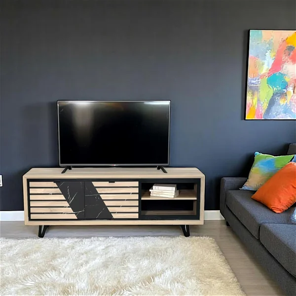 Meuble TV 2 portes chêne blanc décor graphique ESSEN