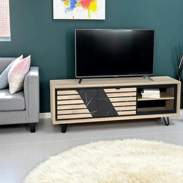 Meuble TV 2 portes chêne blanc décor graphique ESSEN