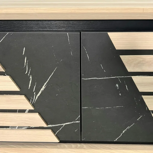 Meuble TV 2 portes chêne blanc décor graphique ESSEN