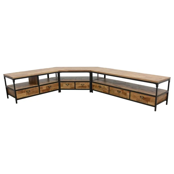 Meuble TV 2 tiroirs, 2 niches ouvertes en Hévéa recyclé naturel et métal 100x45x50cm LOFT