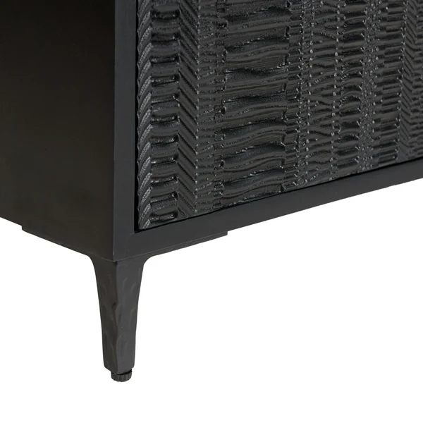 Meuble TV 2 tiroirs 2 portes motifs sculptés bois noir SURATE