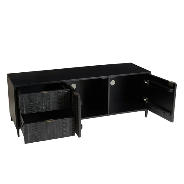 Meuble TV 2 tiroirs 2 portes motifs sculptés bois noir SURATE