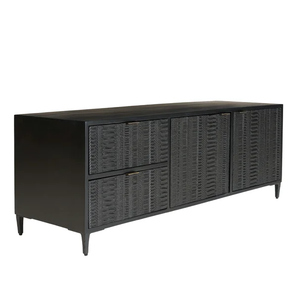 Meuble TV 2 tiroirs 2 portes motifs sculptés bois noir SURATE