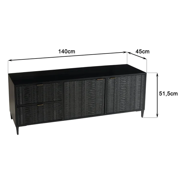 Meuble TV 2 tiroirs 2 portes motifs sculptés bois noir SURATE