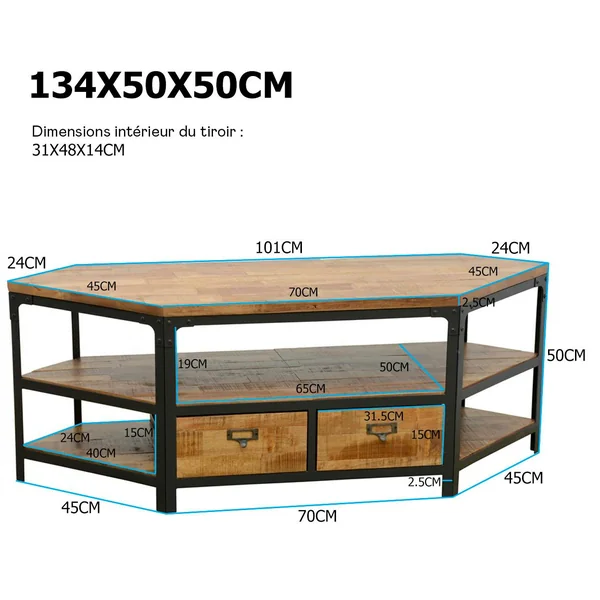 Meuble TV d'angle 2 tiroirs, 3 niches ouvertes dont une grande en Hévéa recyclé coloré et métal 134x50x50cm LOFT COLORS
