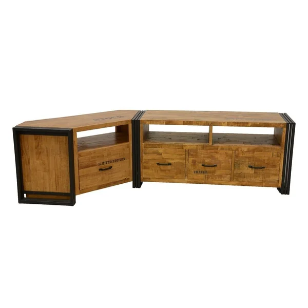Meuble TV d'angle hévéa recyclé naturel et métal noirci 1 tiroir 1 niche 115X40X55cm DOCKER