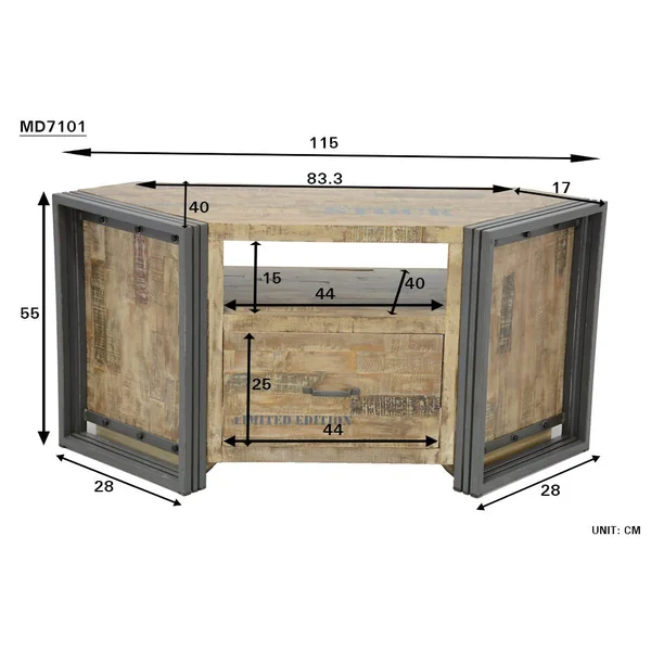 Meuble TV d'angle hévéa recyclé naturel et métal noirci 1 tiroir 1 niche 115X40X55cm DOCKER