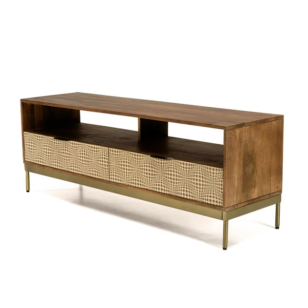 Meuble TV en bois pieds couleur laiton grande niche 2 tiroirs KANHA