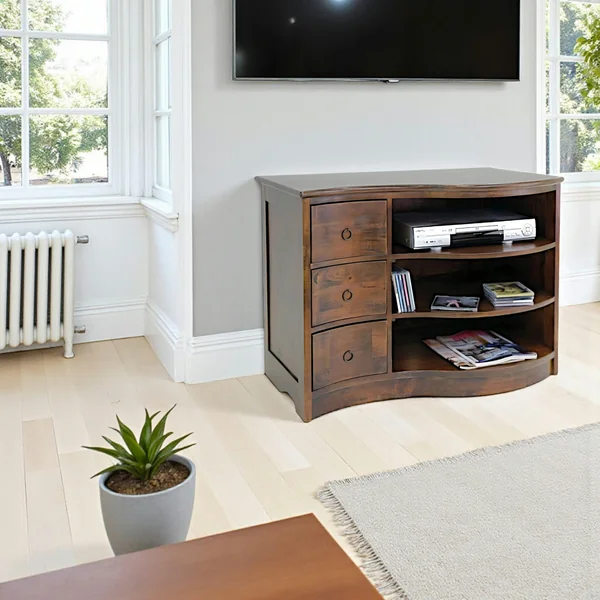 Meuble TV vague hévéa 3 tiroirs 3 niches 90cm TRADITION