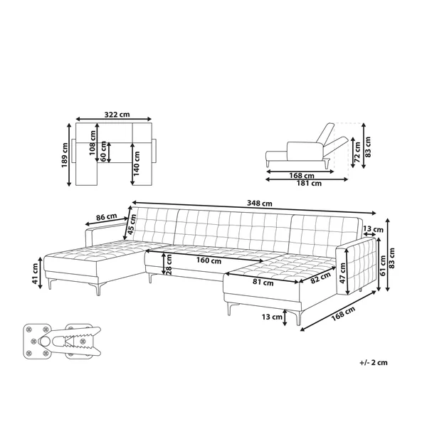 Modulaire U-vormige slaapbank 5-zits ABERDEEN Fluweel Lichtgrijs