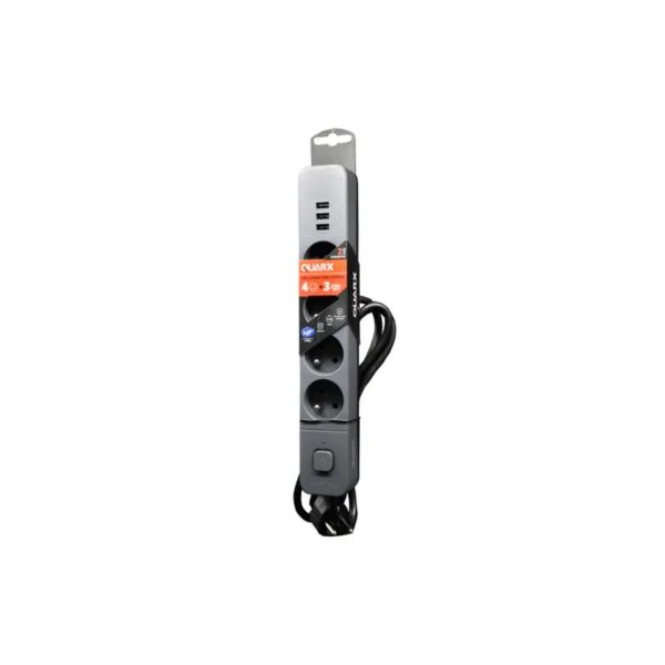 Multiprise avec interrupteur 4 prises 2 pôles + terre + 3 USB noir 1.5 m