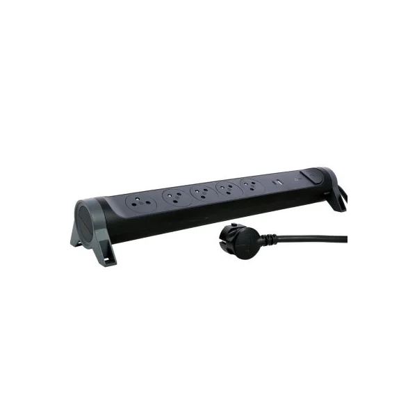 Multiprise parafoudre avec interrupteur 5 prises + + 2 chargeurs USB-A et C Legrand noir et gris 1.5 m
