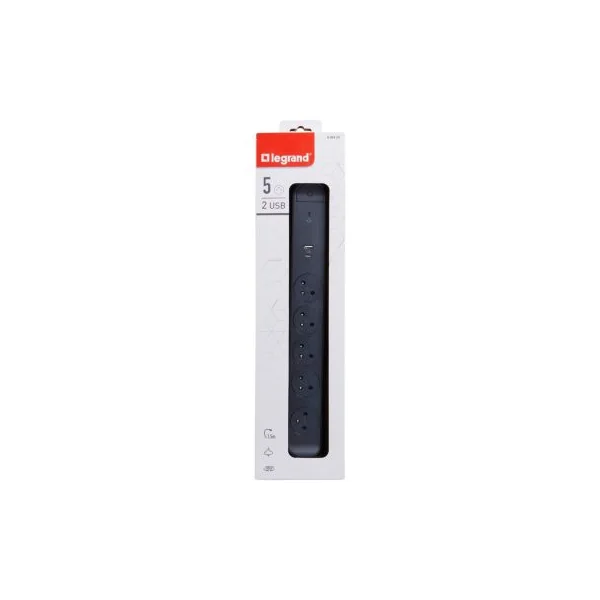Multiprise parafoudre avec interrupteur 5 prises + + 2 chargeurs USB-A et C Legrand noir et gris 1.5 m