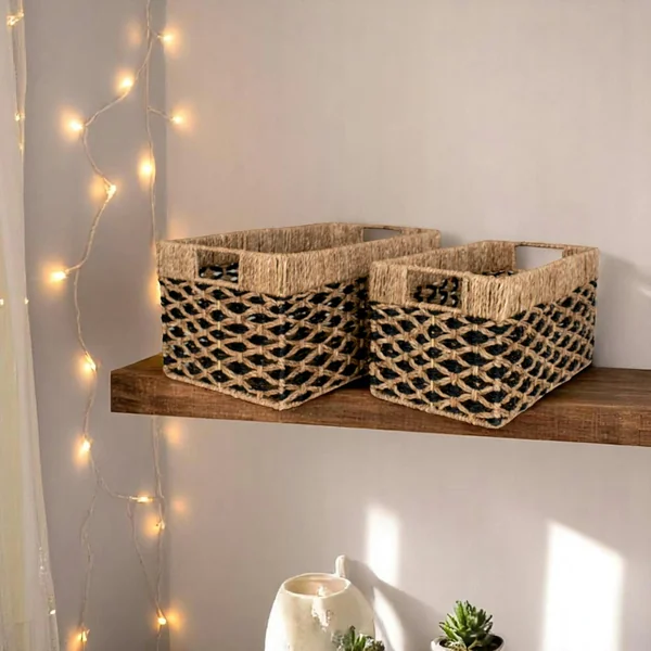 Panier de rangement déco en jonc de mer noir et naturel (lot de 2)