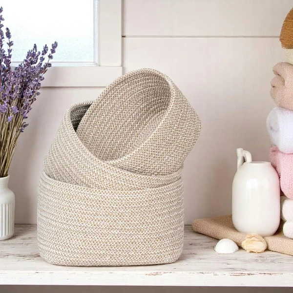 Panier de rangement en coton beige, tressage bicolore (lot de 3)