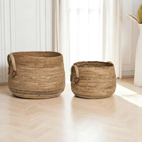 Panier de rangement rond avec poignées, en feuille de bananier (lot de 2)
