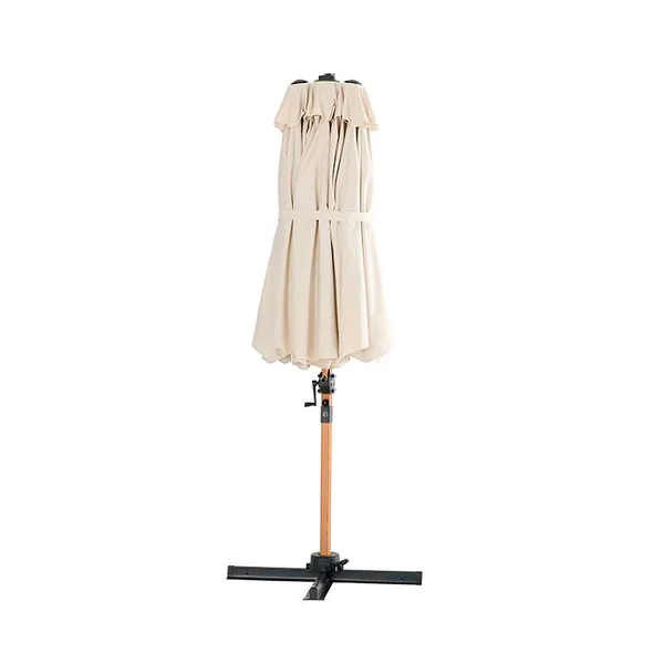 Parasol déporté rotatif 3 têtes en tissu écru et acier effet bois h250cm - Triano