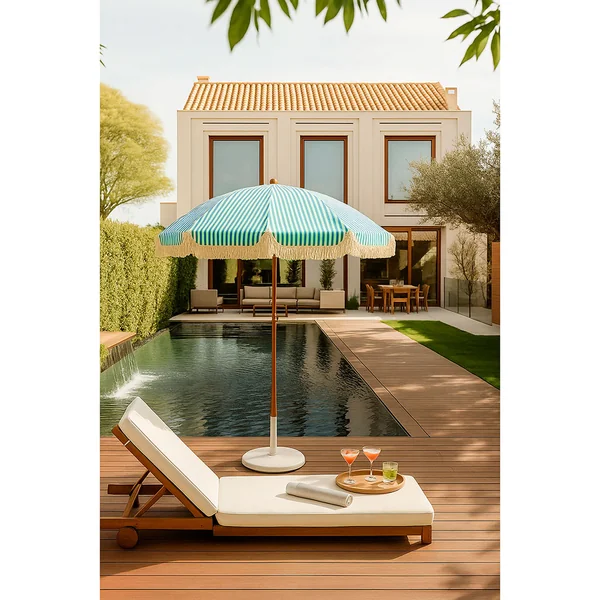 Parasol à franges en tissu rayé bleu d200xh220cm - Gaya