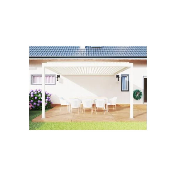 Pergola bioclimatique adossée motorisée Salto Alumin'home aluminium blanc RAL 9010 - 4 x 3,5 m avec LED intégrés