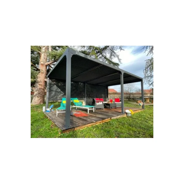 Pergola bioclimatique autoportante Habrita aluminium 3,6 x 6 m gris anthracite + 2 rideaux manuels 6 m
