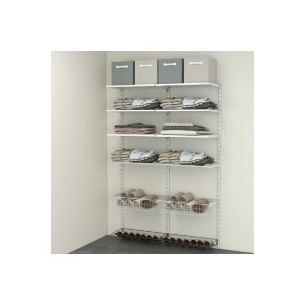 Rangement ouvert mural 2 colonnes avec 2 paniers, 2 tablettes filaires et 2 range bouteilles H. 200 x L. 132 x P. 40 cm
