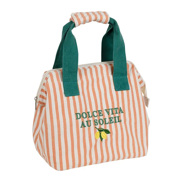 Sac isotherme en coton rayé corail et vert - Solencia