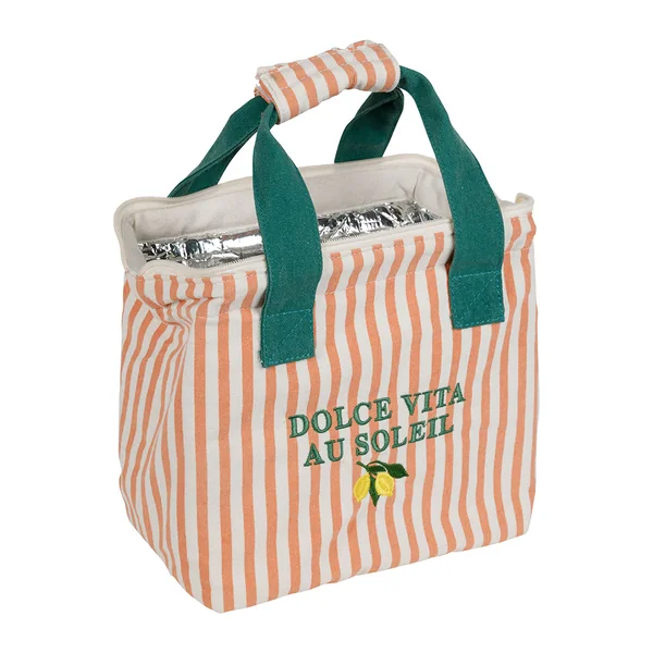 Sac isotherme en coton rayé corail et vert - Solencia