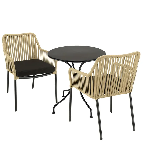 Salon de jardin 1 table ronde métal noir D70 cm - 2 fauteuils cordage couleur naturelle 1 coussin noir GIJON