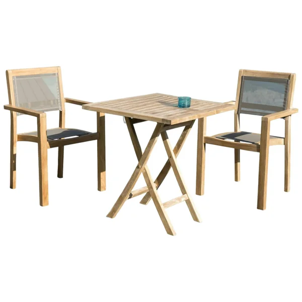 Salon de jardin 2 places en teck, 1 table + 2 fauteuils empilables SUMMER