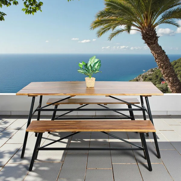 Salon de jardin en bois d'acacia (1 table à manger 160 cm + 2 bancs 130 cm) BAHIA