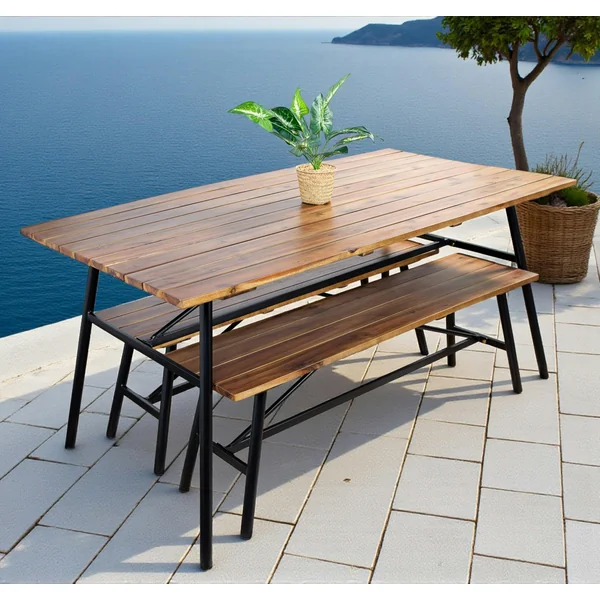 Salon de jardin en bois d'acacia (1 table à manger 160 cm + 2 bancs 130 cm) BAHIA