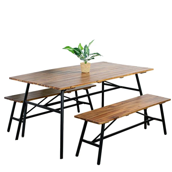Salon de jardin en bois d'acacia (1 table à manger 160 cm + 2 bancs 130 cm) BAHIA
