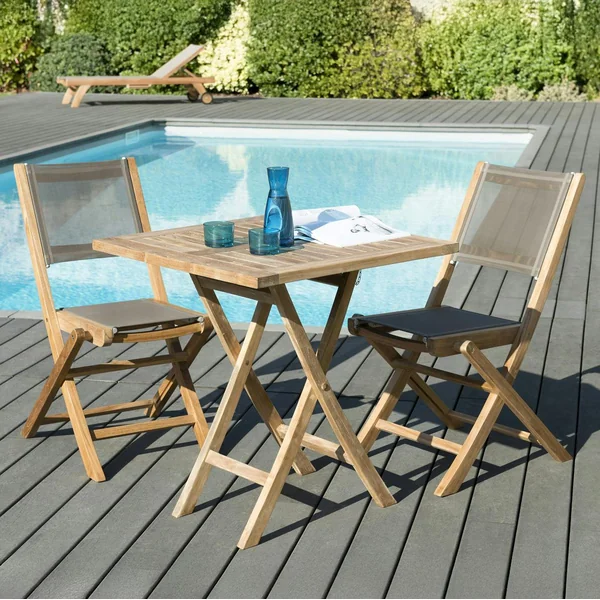 Salon de jardin en teck, 1 table carrée + 2 chaises pliantes SUMMER