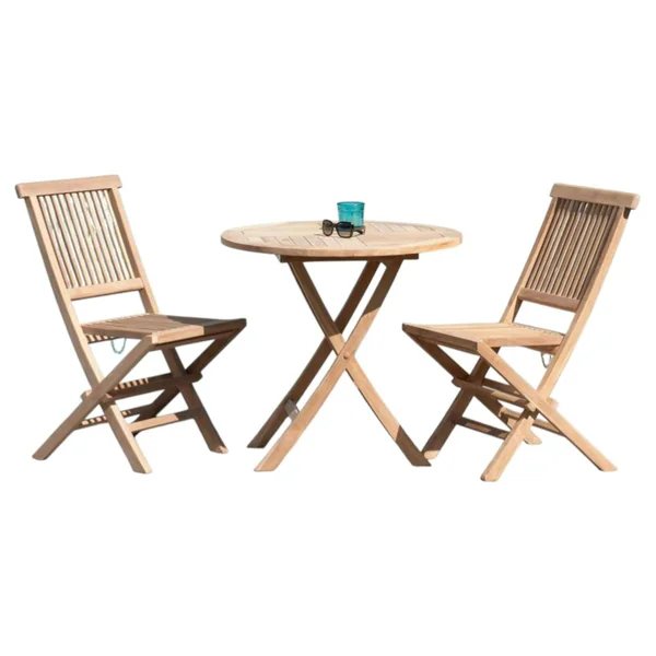 Salon de jardin en teck brut Table ronde pliante 80cm 2 chaises SUMMER