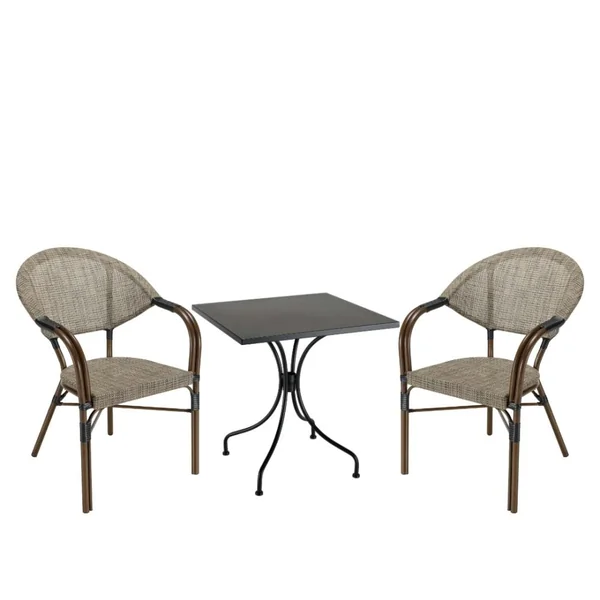 Salon de jardin table carrée noire 70x70 cm + 2 fauteuils bistrot tissu taupe GIJON