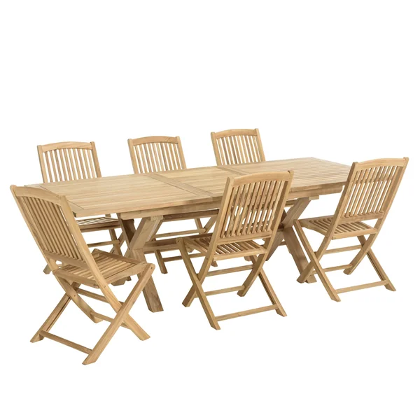 Salon de jardin teck brut table pieds en croix 180/240 + 6 chaises bord arrondi SUMMER