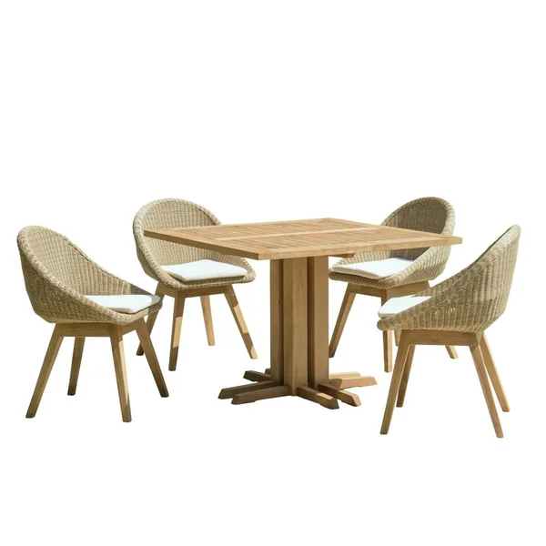 Salon de jardin teck naturel 1 table carrée 110 cm + 4 chaises arrondies résine tressée MANY