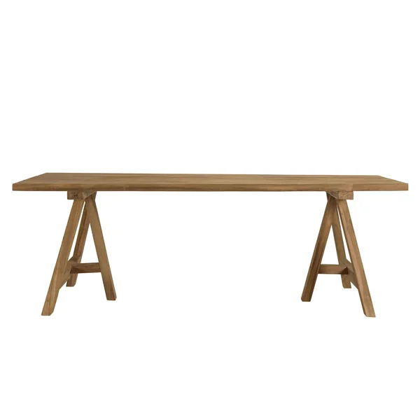 Salon de jardin teck naturel 1 table pieds tréteaux 220 cm + 6 chaises résine tressée MANY