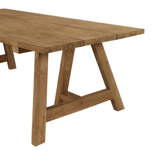 Salon de jardin teck naturel 1 table pieds tréteaux 220 cm + 6 chaises résine tressée MANY
