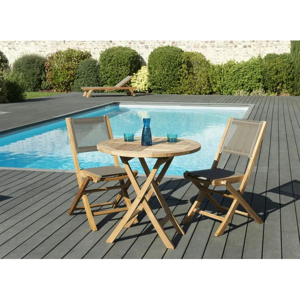 Salon de Jardin Teck Table D80 + 2 chaises pliantes SUMMER ref. 30020848