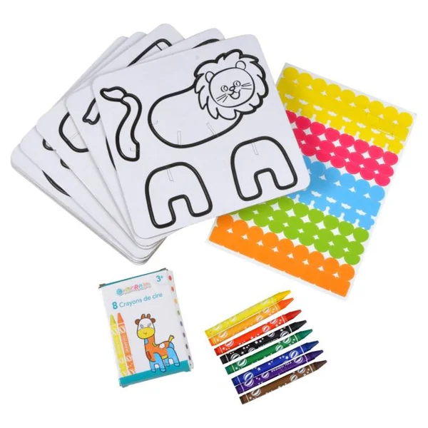 SET A COLORIER ANIMAUX A MONTER STICKERS ET 8 CRAYONS CIRE