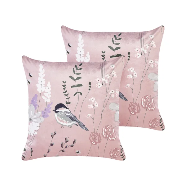 Set of 2 Decorative Cushions CYCLAMEN Velvet 45 x 45 cm Pastel Pink Floral Pattern