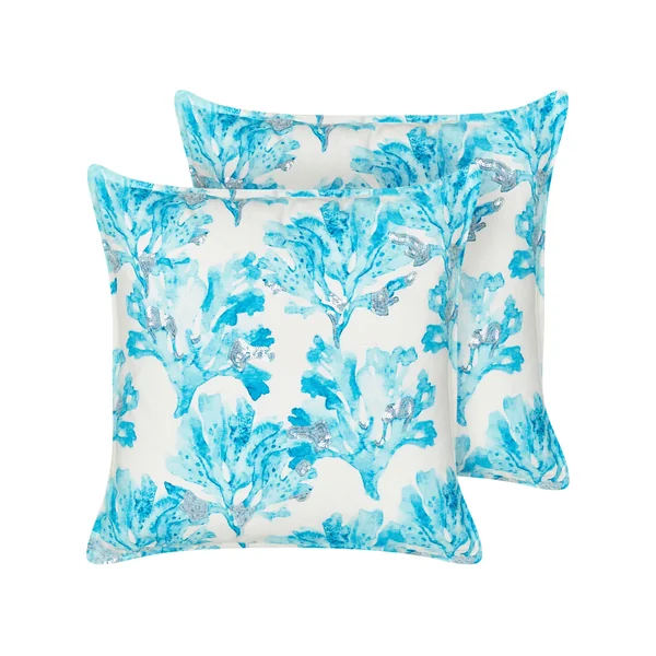 Set of 2 Decorative Cushions ROCKWEED Cotton 45 x 45 cm Blue Floral Pattern