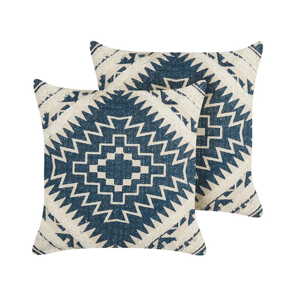 Set of 2 Decorative Cushions SAFI Cotton 50 x 50 cm Blue Geometric Pattern