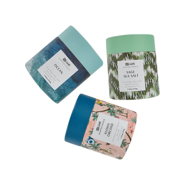 Set of 3 Scented Candles COLORFUL BARREL Soy Wax Fresh Notes Floral Notes